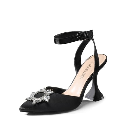 Black satin heels with rhinestones top